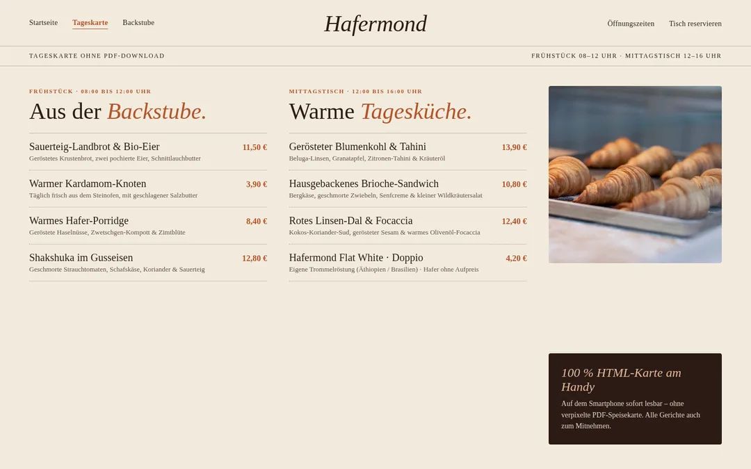 Konzept „Café Hafermond“, Ansicht 2 am Desktop