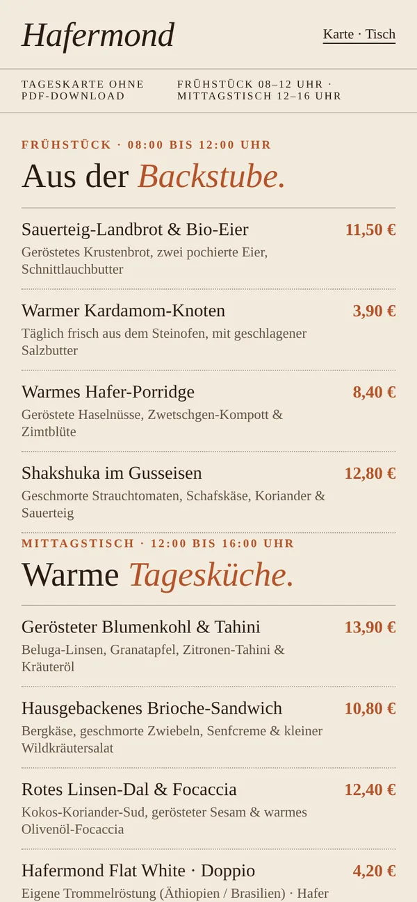 Konzept „Café Hafermond“, Ansicht 2 auf dem Smartphone