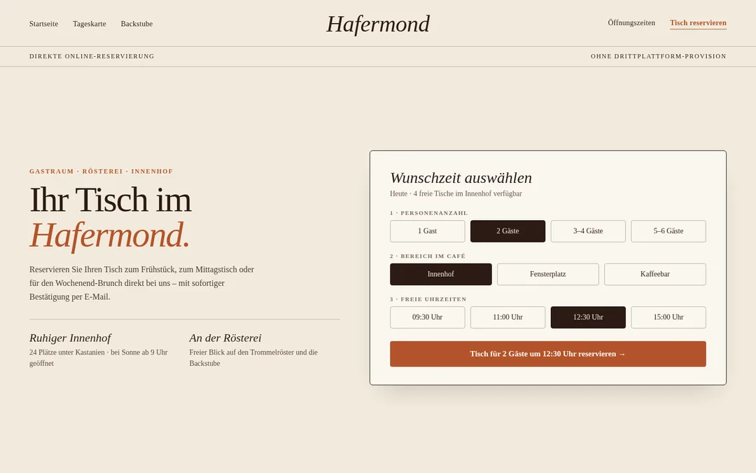 Konzept „Café Hafermond“, Ansicht 3 am Desktop