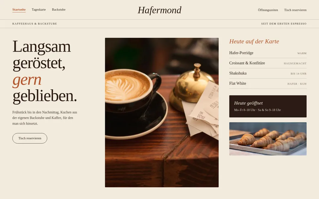 Konzept „Café Hafermond“, Ansicht 1 am Desktop