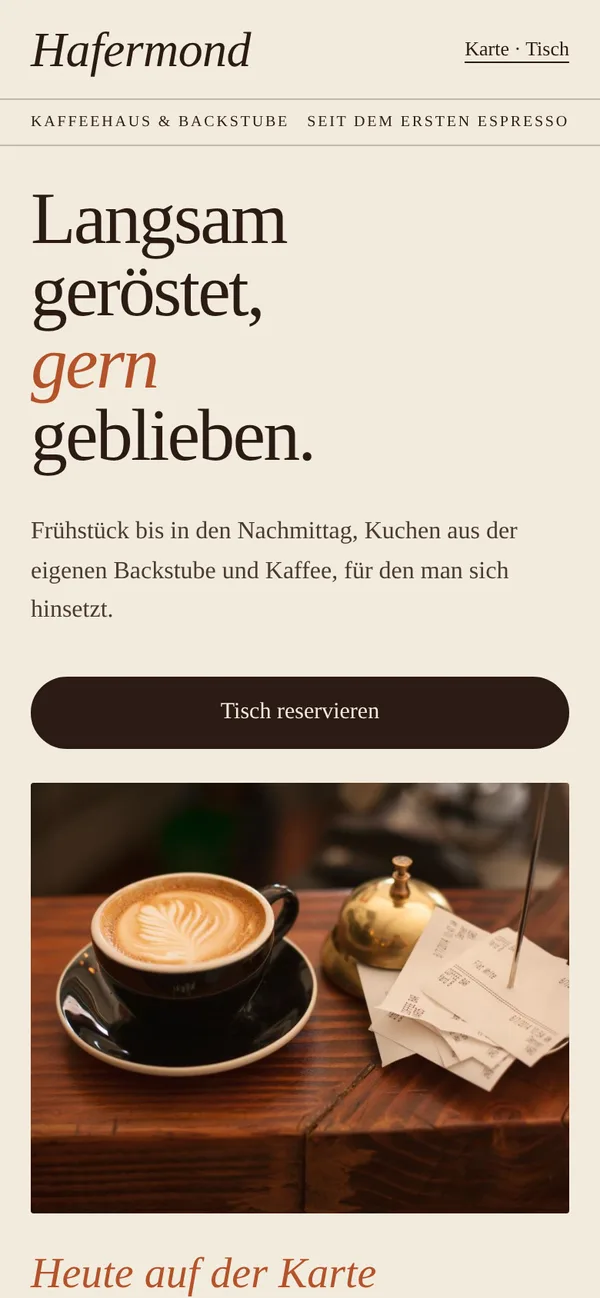Konzept „Café Hafermond“, Ansicht 1 auf dem Smartphone