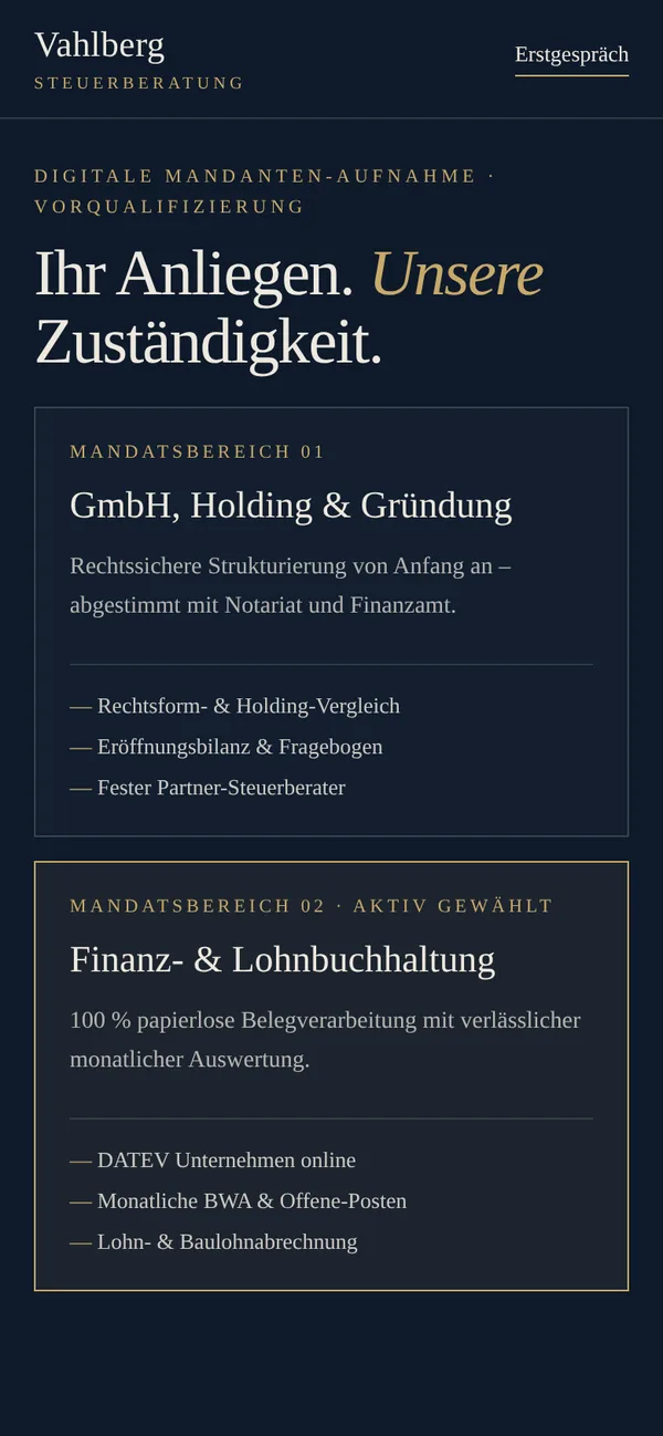 Konzept „Kanzlei Vahlberg“, Ansicht 2 auf dem Smartphone