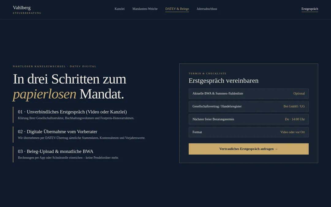 Konzept „Kanzlei Vahlberg“, Ansicht 3 am Desktop