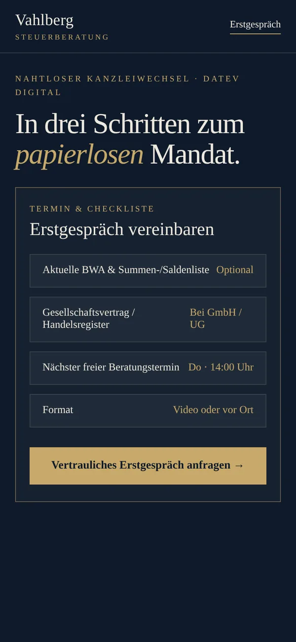 Konzept „Kanzlei Vahlberg“, Ansicht 3 auf dem Smartphone
