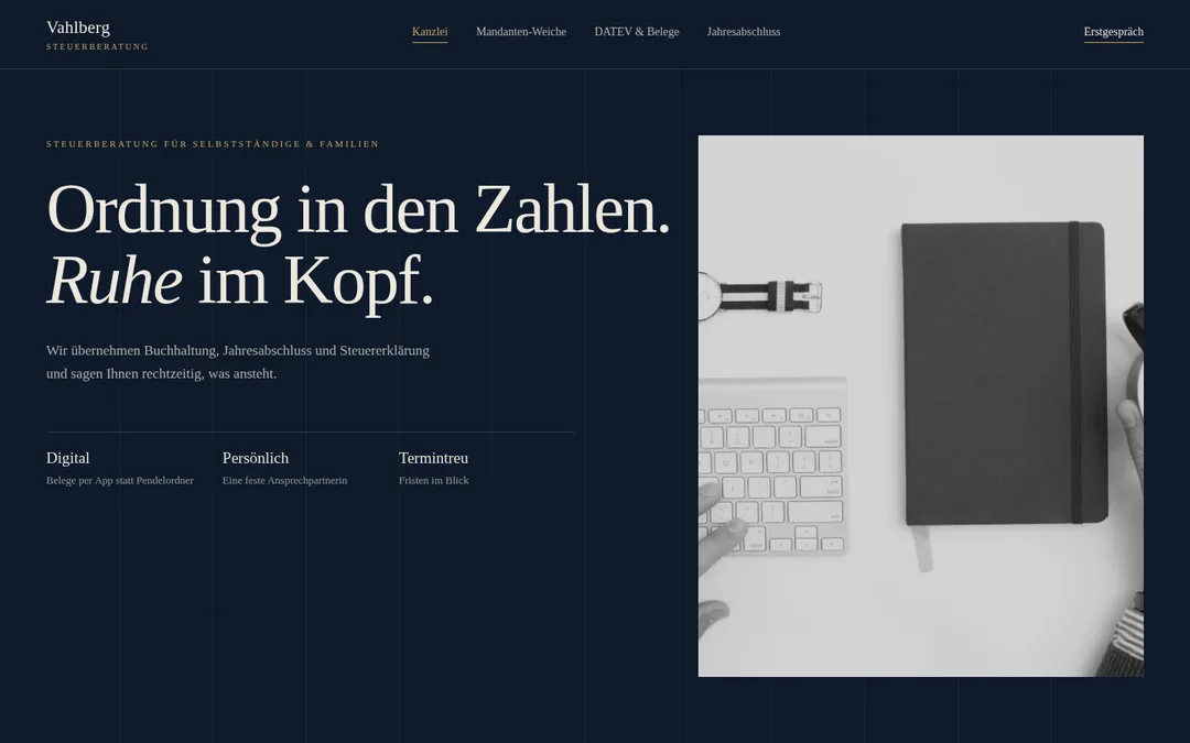 Konzept „Kanzlei Vahlberg“, Ansicht 1 am Desktop
