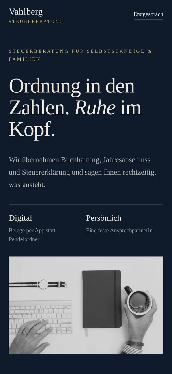 Konzept „Kanzlei Vahlberg“, Ansicht 1 auf dem Smartphone